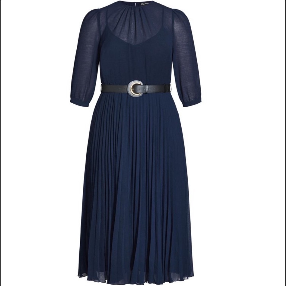 NWT City Chic Love Pleat Dress Long Sleeves Belted Navy Sz L 20 - Picture 3 of 16